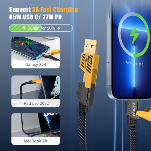Multi Charging Cable 4-in-1, 6Ft Fast Charging Universal Charging Cord with Type C USB A Port PD 65W, Flat Nylon Braided Charger Compatible with iPhone MacBook iPad Android (Dark Grey, 6 Feets (2M))