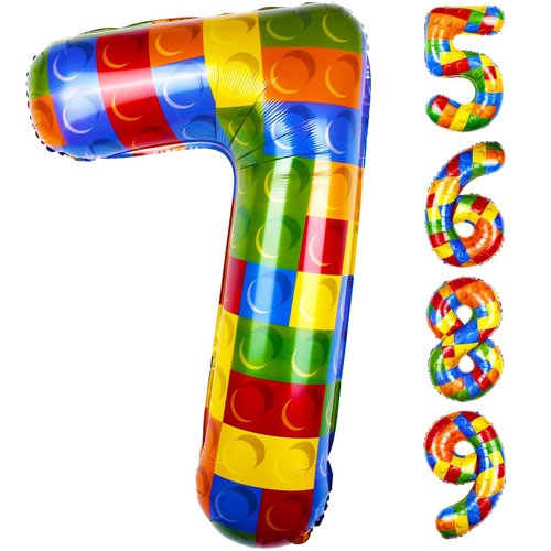 40 Inch Building Block Number Balloon, Number 7 Balloons Colorful Number Block Foil Balloons Big Helium Balloon Numbers for Girls Boys Birthday Brick Theme Party Decorations (Number 7)
