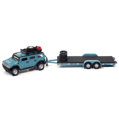 2004 H2 Ocean Blue with Open Trailer Limited Edition to 6012 Pieces Worldwide Truck and Trailer Series 1/64 Diecast Model Car by Johnny Lightning JLBT014-JLSP202B