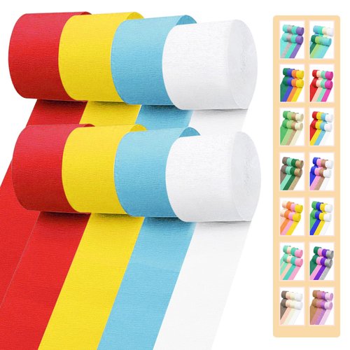 Crepe Paper Streamers 656ft 8 Rolls, Pack of Red, Light Blue, Yellow and White Party Streamers for Birthday Wedding Baby Bridal Shower Decorations Christmas Craft Supplies (1.8 Inch x 82 Ft/Roll)