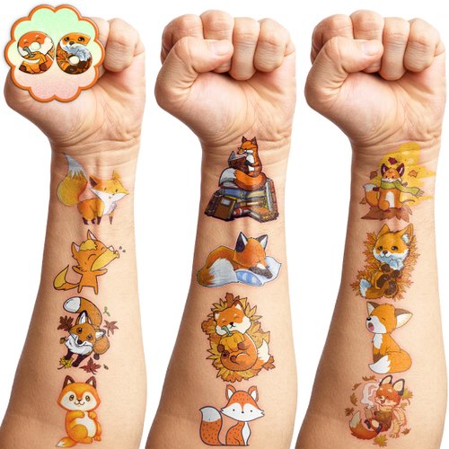 Fox Temporary Tattoos for Kids 96PCS Birthday Party Decorations Supplies Party Favors Supper Cute Tattoo Sticker Style Woodland Fall Gift Boys Girls Prizes Themed