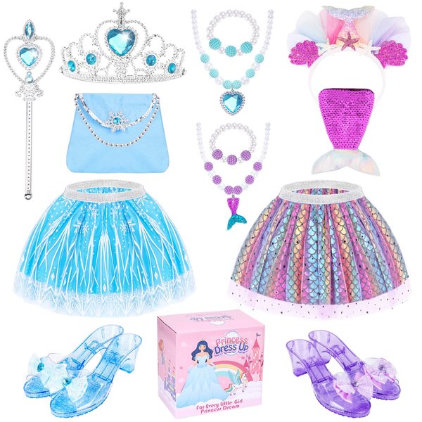 Princess Dress Up Shoes, Jewelry Princess Toys Pretend Role Play with 2 Pairs of Shoes, Skirt, Purse, Princess Dress Up Clothes for Little Girls Princess Gifts Toys for Girls Age 3 4 5 6 Year Old