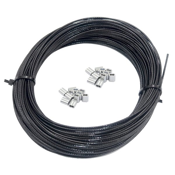 DGOL Soft Black Vinyl Coated 100 ft 304 Stainless Steel Cable Wire Rope 1/16 inch Core Diameter 3/64 inch with 20pcs Sleeves Stops