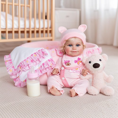 BABESIDE 8 Pcs Reborn Baby Doll Clothes Set for 8-10-12 Inch Dolls, Baby Doll Accessories Set with Baby Doll Bassinet and Bear Toy for Realistic Newborn Baby Dolls Girl, Pink (Not Doll)