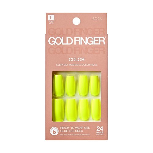 GoldFinger False Nails Kit, Ready to Wear Neon Yellow Fake Nails, Manicure Stick and Glue Include...
