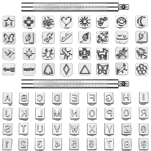 70 Pieces Leather Craft Stamping Tools Include 68 Pieces Alphabet, Number and Pattern Leather Craft Stamps, 2 Pieces Leather Punch Tools