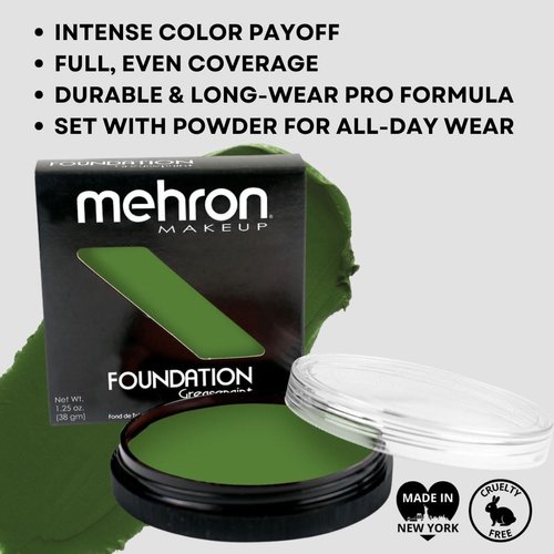 Mehron Makeup Foundation Greasepaint | Stage, Face Paint, Body Paint, Halloween Makeup 1.25 oz (38 g) (GREEN)