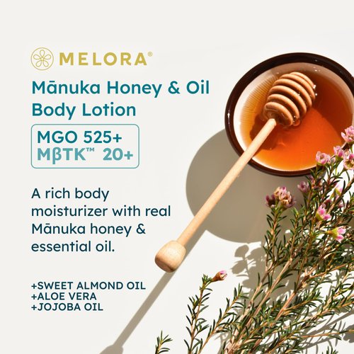 MELORA Manuka Honey Body Lotion (7oz), Moisturizing Lotion with Soothing Manuka Honey & Oil for Dry, Very Dry, Sensitive, or Aging Skin – Manuka Honey Cream Moisturizer for Women & Men