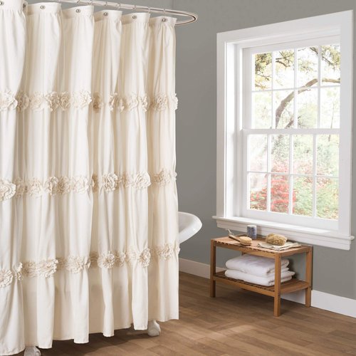 Lush Decor Darla Ruched Floral Bathroom Shower Curtain, 72” x 72”, Ivory
