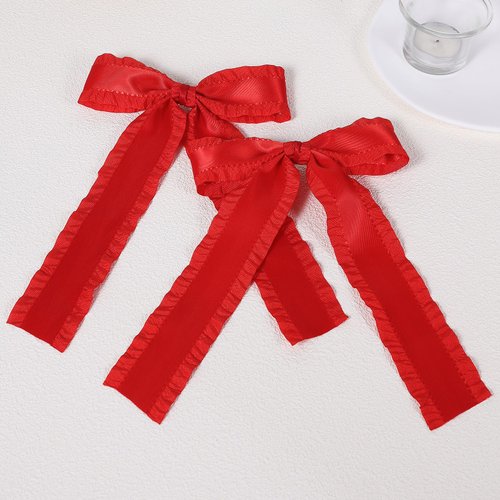 5.5" Hair Bow Clips for Women Girls, Red Silky Satin Ruffle Ribbon Bowknot Alligator Barrettes with Long Tail,Vintage Ponytail Holder Accessories for Toddler Teens Kids