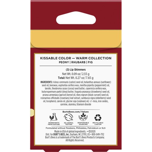 Burt's Bees Kissable Color Holiday Gift Set, 3 Lip Shimmers in Festive Gift Box, Warm Collection in Peony, Fig and Rhubarb