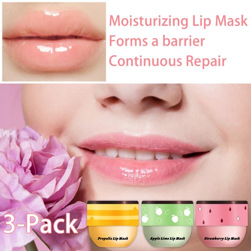 3 PCS Bee Lip Balm Honey Pot, Honey & Strawberry & Apple Lime Lip Mask Overnight Propolis Moisturizing Lip Balm Hydrating Prevention Dry and Crack Lip Scrubs Exfoliator Lip Wrinkle Care (Set A)