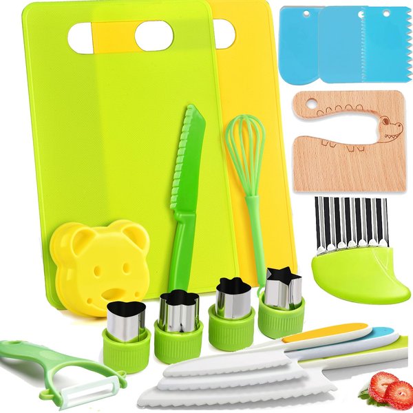 17PCS Kids Cooking Set - Montessori Kitchen Tools Kitchen Cookware Baking Toy Sets for Kids, Toddler Safe Kitchen Knife Set for Real Cooking Toddler Toys for Girls Boy