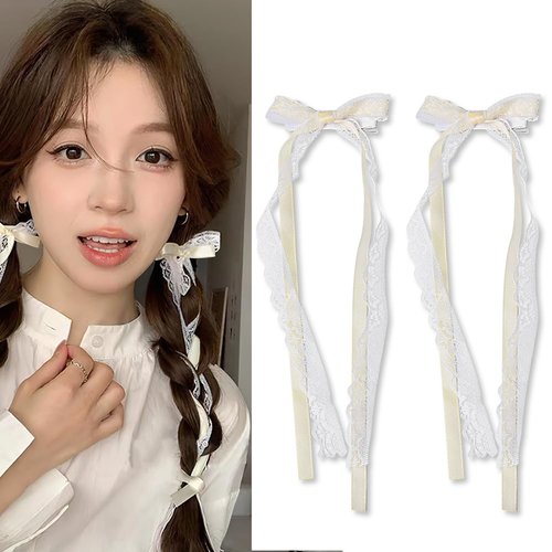White Lace Hair Bow for Women Girls Coquette Girl Hair Bows Ribbon Accessories Cute Lace Hair Ribbon Clips Bows for Women Girls Bow Hair Clips With Long Tail Tassel Ribbon Bow Hair Clips 2pcs