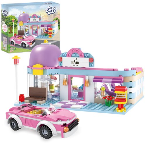 BRICK STORY Girls Friends Hair Salon Building Kit with 2 Mini People 5 Dolls Hair Creative Girls Friends Sets 358 Pieces with a Pink Convertible Car STEM Building Toys Gifts for Kids Age 6-12 and Up