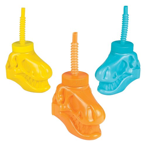 Fun Express 8 pieces Dinosaur Shaped Cups with Straws, Holds 4 oz, BPA Free Plastic, Dino Dig Party Supplies, Multi-Color