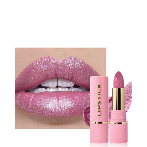 Glitter Metallic Nude Pink Shimmer Lipstick Long Lasting, High Shine Glitter Diamond Creamy Red Lipstick Transfer Proof Non-Stick Lip Gloss Shimmer High Impact Full Coverage Lip Makeup for Women-02