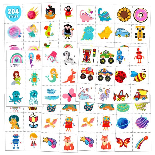 TatoYard 204 PCS Individually Wrapped Kids Tattoos for Party Supplies, 34 Sheet Temporary Tattoos for Goodie Bags Stuffers, Kids Stickers Birthday Party favors Decorations (Colourful)