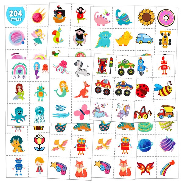 TatoYard 204 PCS Individually Wrapped Kids Tattoos for Party Supplies, 34 Sheet Temporary Tattoos for Goodie Bags Stuffers, Kids Stickers Birthday Party favors Decorations (Colourful)
