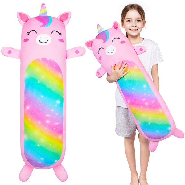 Body Pillow for Kids Long Plush Pillows Stuffed Animal Pillow with Removable Insert for Adults Kids Home Decor, Pink Rainbow