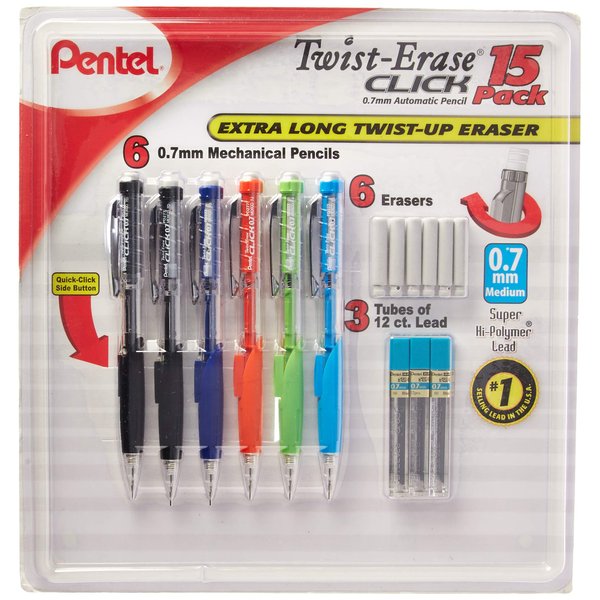 Pentel Twist-Erase Click Mechanical Pencil Set - 6 Mechanical Pencils, 6 Extra Erasers, 3 Tubes of Lead Refills