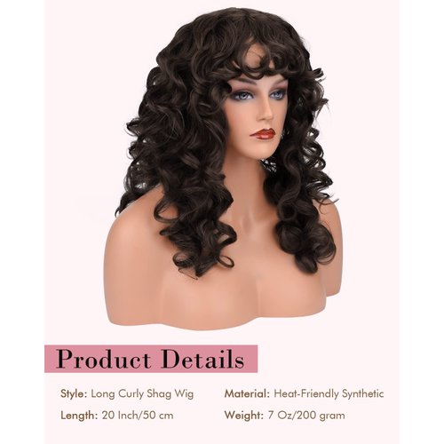 REECHO Curly wigs with Bangs for Women, Black Brown Curly Shag Synthetic Hair Replacement Wig for Daily Use Party Cosplay - 20 Inch Black Brown