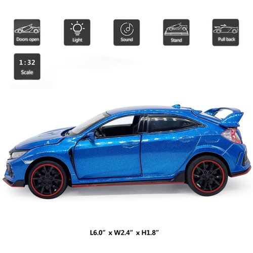 2017 Civic Type R Model Car Hatchback Sports Diecast Toy Cars 1/32 Scale Metal Pull Back Children's Die-cast Vehicles, Doors Open Light Sound, Boys Toys Kids Gifts Collection for Men, Blue