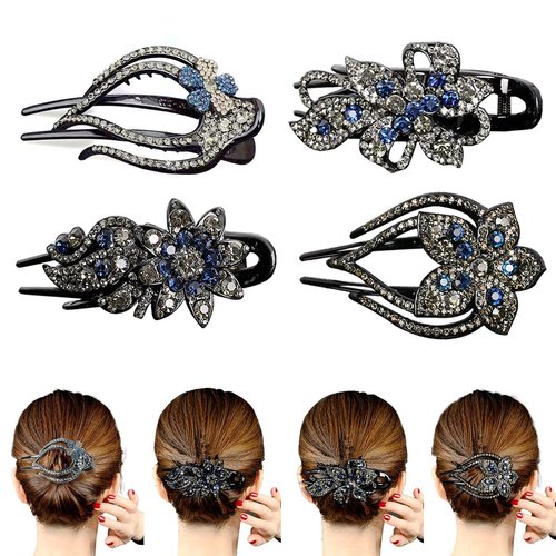Yusier 4PCS Heart Flower Rhinestone Hair Clip Duck Bill Barrettes Shiny Decorative Hair Clips Hair Accessories for Women (C)