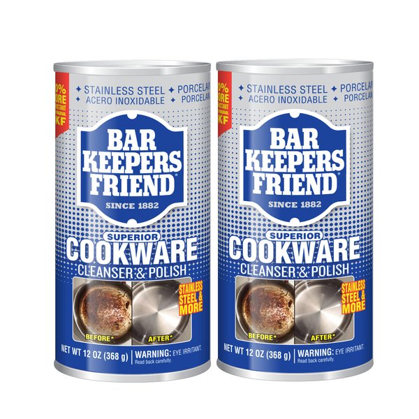 Bar Keepers Friend Cookware Cleanser & Polish (2 x 12 oz) Stainless Steel Cleaner & Degreaser for Pots, Pans, Bakeware & Grills - Removes Sticky Residue, Rust Stains & Lime Deposits