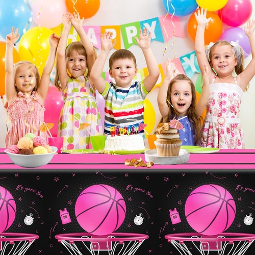 Basketball Tablecloth, 3Pcs Pink Basketball Birthday Decorations Plastic Table Cover, Pink Basketball Girls Table Cloths for Basketball Sports Theme Birthday Party Supplies