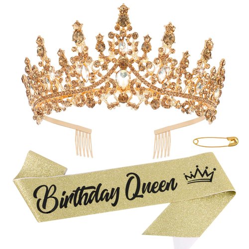 Chanaco Birthday Crown Birthday Sash Birthday Crowns for Women Birthday Queen Sash Gold Tiara Happy Birthday Decorations Rhinestone Headband Birthday Party Gifts