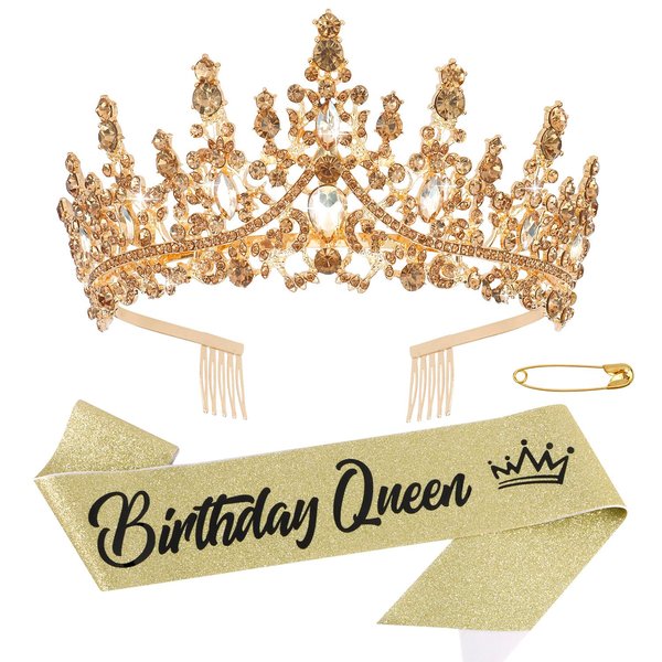 Chanaco Birthday Crown Birthday Sash Birthday Crowns for Women Birthday Queen Sash Gold Tiara Happy Birthday Decorations Rhinestone Headband Birthday Party Gifts