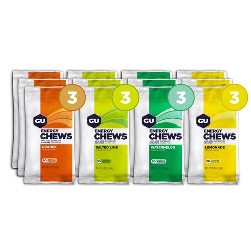 GU Energy Chews, Mixed Pack Energy Gummies with Electrolytes, Vegan, Gluten-Free, Kosher, Caffeine-Free, and Dairy-Free On-The-Go Energy for Any Workout, Caffeine - Free, 12 Bags (24 Servings Total)