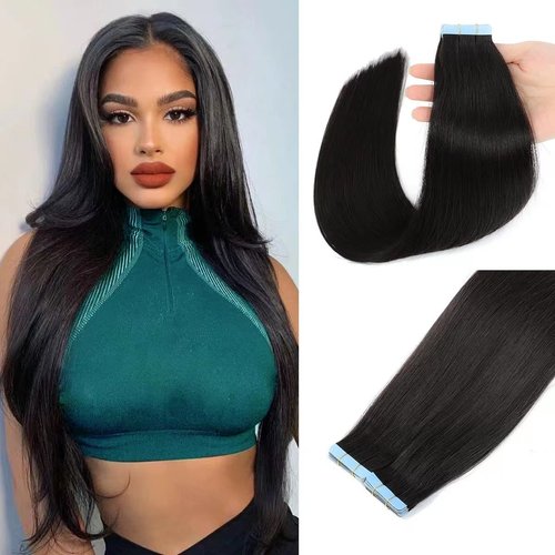 Wohuho Tape in Hair Extensions Human Hair 100% Real Remy Human Hair 40g 20pcs/Set Brazilian Virgin Hair Natural Straight Seamless Invisible Skin Weft Extensions (16 Inch,#1B Naturl Black)
