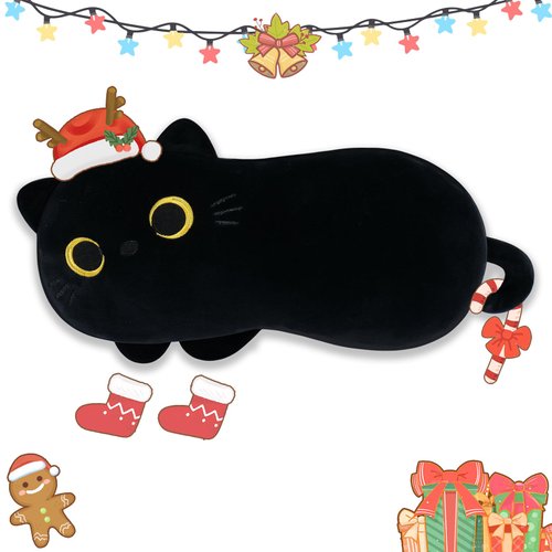 Black Cat Plush Lumbar Pillow, Stuffed Animals Cat Plush Pillow, Cute Cat Travel Pillow Cat Nap Pillow Waist Cushion, Cat Plushie Black Cat Toy Pillow for Kids Gift for Christmas New Year Birthday
