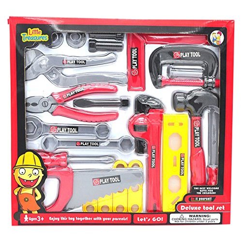 Toy tools playset for kids from Little Treasures Complete with saw, level, Stencils, lug wrench, pliers, wrench, clamp, screwdriver, file, square, nuts, bolts, and screws -play set toy for children 3+