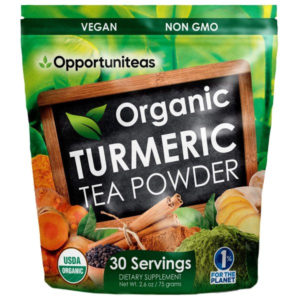 Opportuniteas Organic Turmeric Tea Powder - Matcha Green Tea, Turmeric, Cinnamon, Ginger, Black Pepper - Natural Joint Support Supplement for Juice, Smoothie & Drinks - Vegan & Non-GMO - 30 Servings