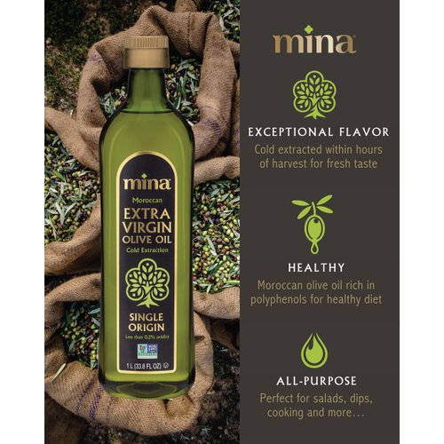 Mina Extra Virgin Olive Oil, New Harvest, Polyphenol Rich Moroccan Olive Oil, Single Origin Olive Oil, Cold Extraction, Less Than 0.2% Acidity, 33.8 Fl Oz (1Liter)