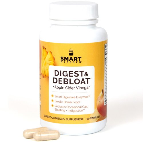 SMART Pressed Juice Digest & Debloat Digestive Enzymes Fast Acting for Acid Reflux Indigestion Heartburn Gas Bloat | All Natural Digestive Health with Apple Cider Vinegar, 90 Capsules Made in USA