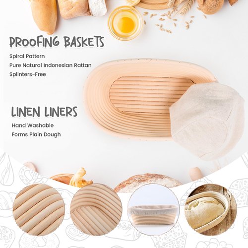 DOYOLLA Bread Proofing Baskets Set of 2 10 inch Oval Shaped Dough Proofing Bowls w/Liners Perfect for Professional & Home Sourdough Bread Baking