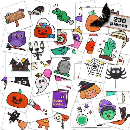 SENGMIAO Halloween Themed Children's Temporary Tattoos -230 Cute Halloween Pumpkin Ghost Bat Male Witch Fake Temporary Tattoo Stickers, 46 Designs, Can Be Used For Facial Halloween Party Decoration