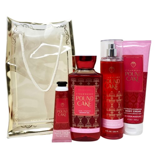 Bath and Body Strawberry Pound Cake Gift Set Bag - Fragrance Mist - Body Cream - Shower Gel and Hand Cream Arranged Inside a Festive Gift Bag