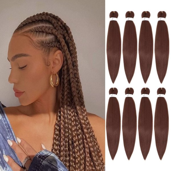 Brown Braiding Hair Pre Stretched 26 Inch 8 Packs Color 30 Braiding Hair Extensions for Braids Hot Water Setting Soft Yaki Synthetic Knotless Braid Hair (Color 30#, 8packs)