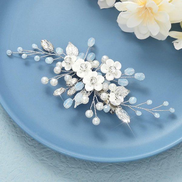 Latious Flower Bride Wedding Hair Clip Silver Pearl Bridal Hair Barrettes Rhinestones Hair Piece for Women and Girls