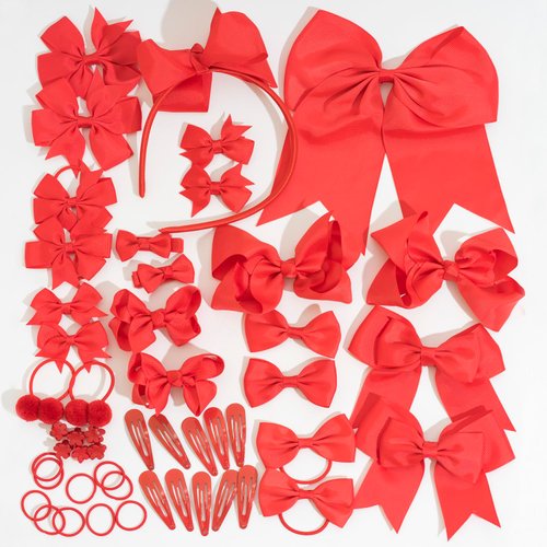 50PCS Red Hair Accessories Set - Grosgrain Ribbon Red Bows,Hair Clips,Hair Ties,Headbands, Uniform Hair Bows Accessories for Little Toddler Kids School Girls