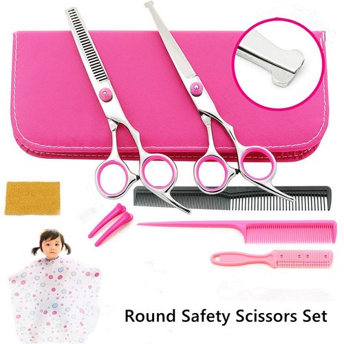 6.0 inch Professional Barber Round Safety Scissors Set - Kids Haircut Salon Cape - Bang Hair Scissor - Salon Hairdressing Shear for Baby Pink
