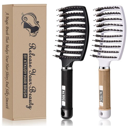 Detangling Brush Boar Bristles Set KTKUDY Hair Brush Curved and Vented Detangler Brush for Women Men Kids Wet and Dry Hair (Black&White)