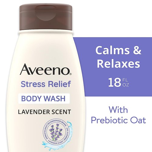 Aveeno Stress Relief Body Wash with Soothing Oat & Lavender Scent for Sensitive Skin, Moisturizing Shower Wash Gently Cleanses & Helps You Feel Calm & Relaxed, Sulfate-Free, 18 fl. oz