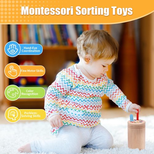 MTTIERY Montessori Color Sorting Toys for 18month Old Baby Boys Girls Rainbow Ice-Cream Wooden Sticks Learning Toys for Toddlers Age 2 3 4 Fine Motor Development Sensory Matching Game Busy Board Gift