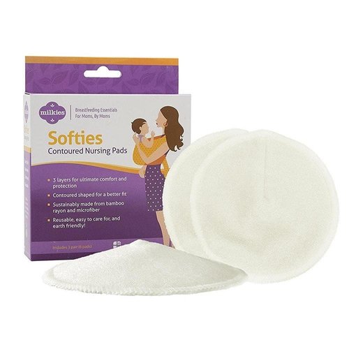 Softies Contoured Reusable Nursing Pads, Absorbent Breast Pads for Breastfeeding Women & Moms, Machine Washable Nipple Pads w/ 3 Layers of Milk Leak Proof Protection, 3 Pairs (6 Pads)